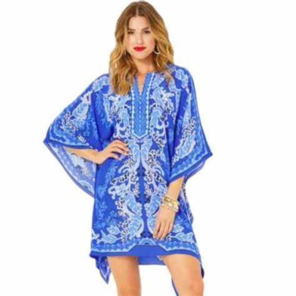NWT Lilly Pulitzer L/XL Cinzia Silk Caftan in Alba Blue